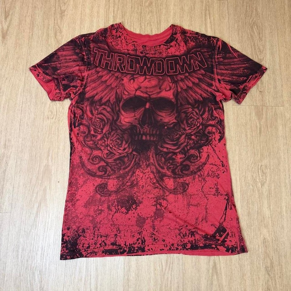 Throwdown MMA Shirt Mens Red Black Skull Roses Wings Graphic Y2K Distressed Tee